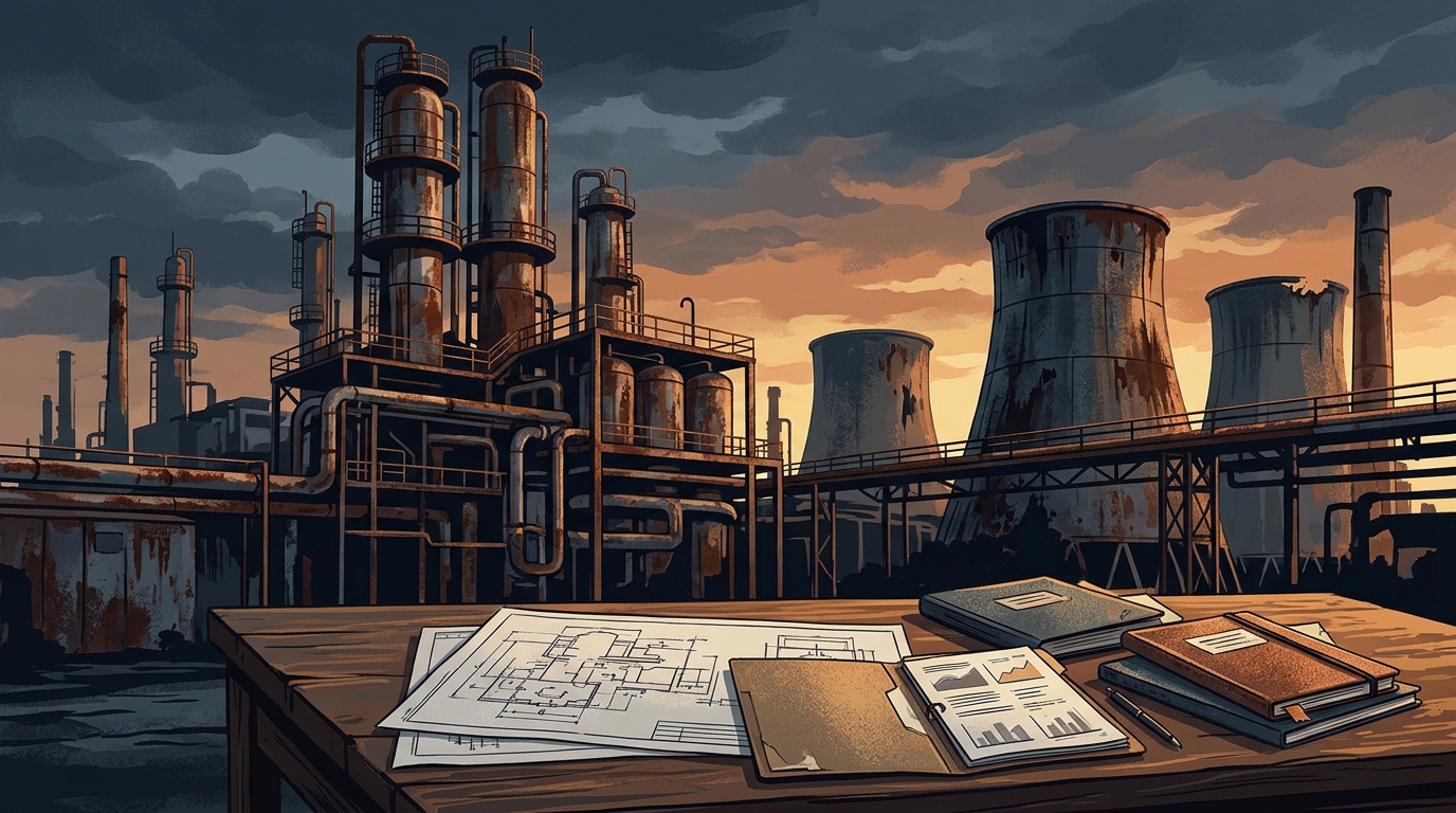 Ilustración de la planta petroquímica de fertilizantes Agronitrogenados en Pajaritos, Coatzacoalcos, con torres oxidadas y carpetas de auditoría