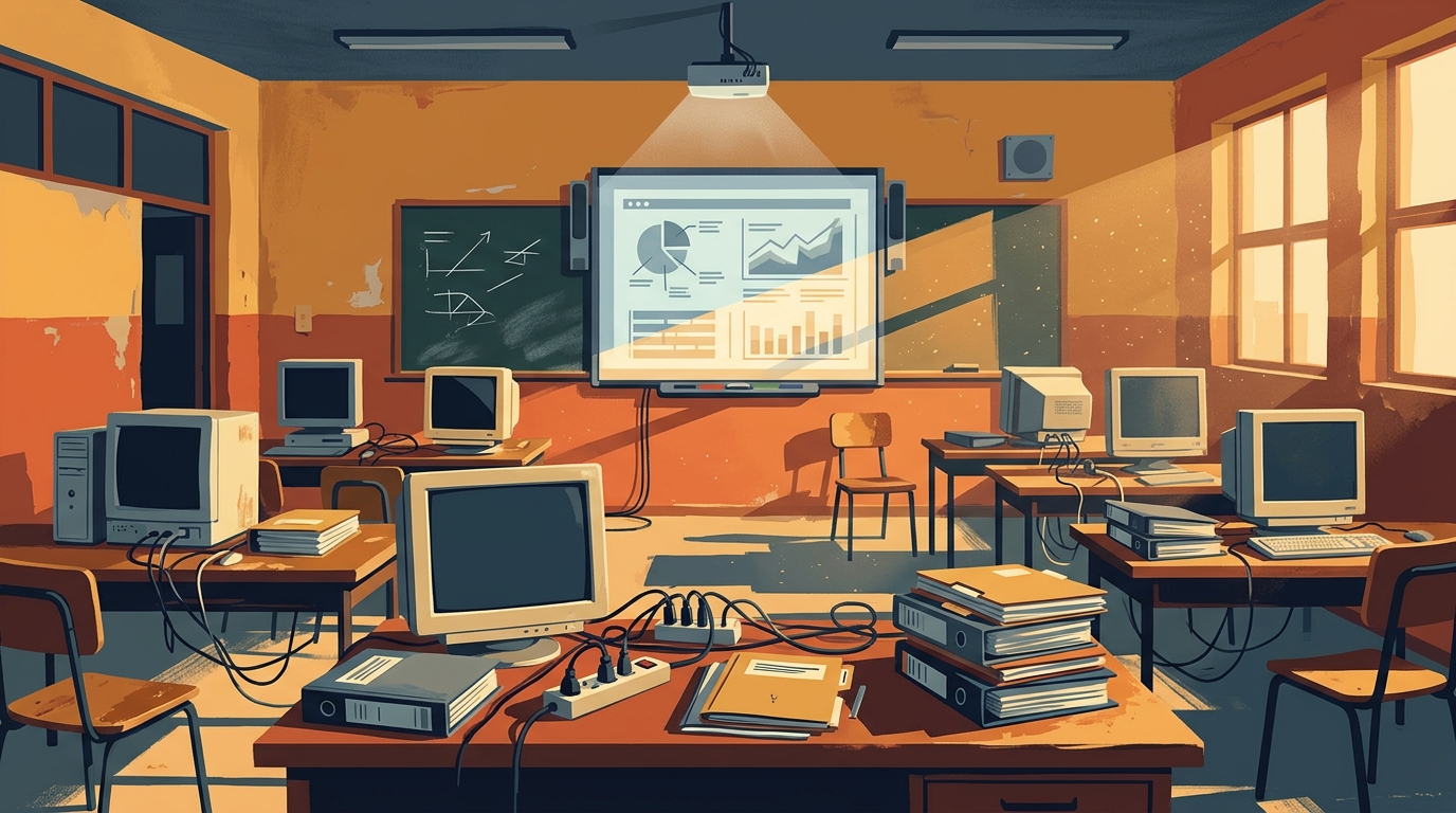 Ilustración de un salón de primaria en México con pizarrón electrónico interactivo, proyector y expedientes de auditoría