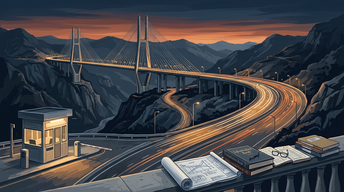 Ilustración de una autopista de cuota y caseta de peaje en México con carpetas del rescate carretero FARAC-FONADIN