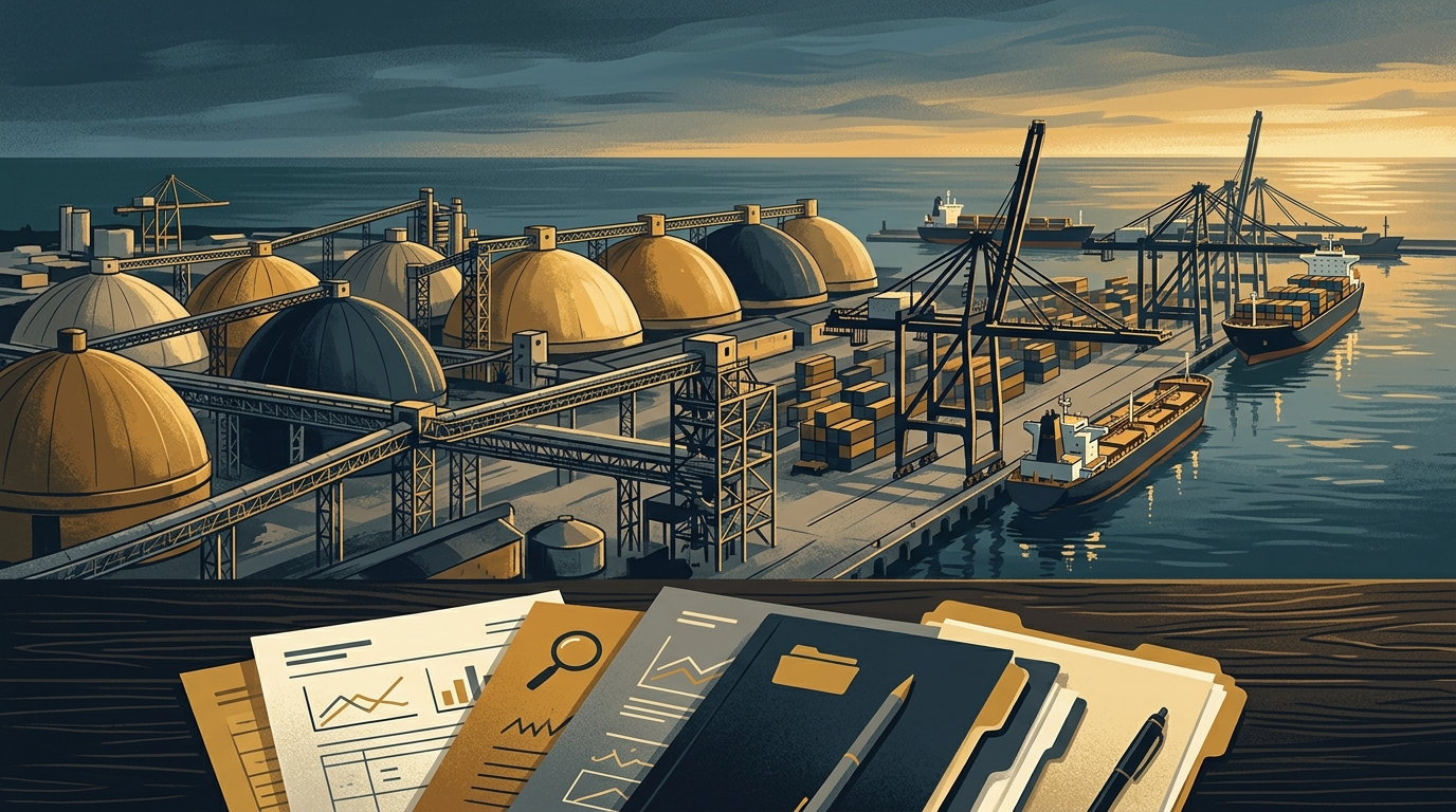 Ilustración de la mina de roca fosfórica y planta industrial de Grupo Fertinal junto al mar con documentos de deuda y pérdidas