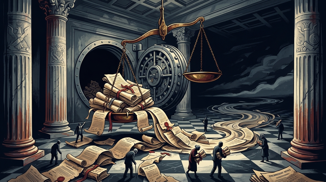 Ilustración de bóvedas bancarias de los años noventa y bonos de deuda del rescate bancario FOBAPROA-IPAB