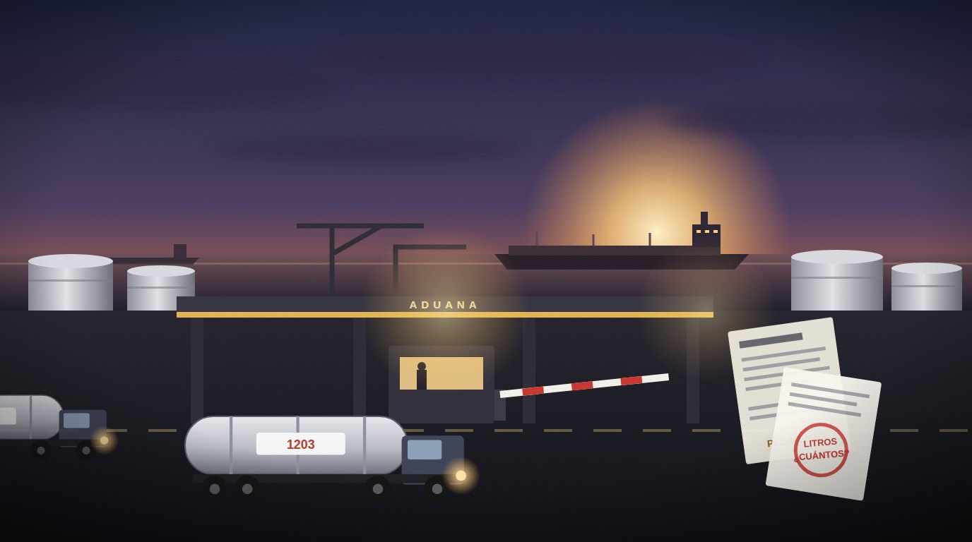 Ilustración de pipas de combustible frente a una aduana portuaria al atardecer