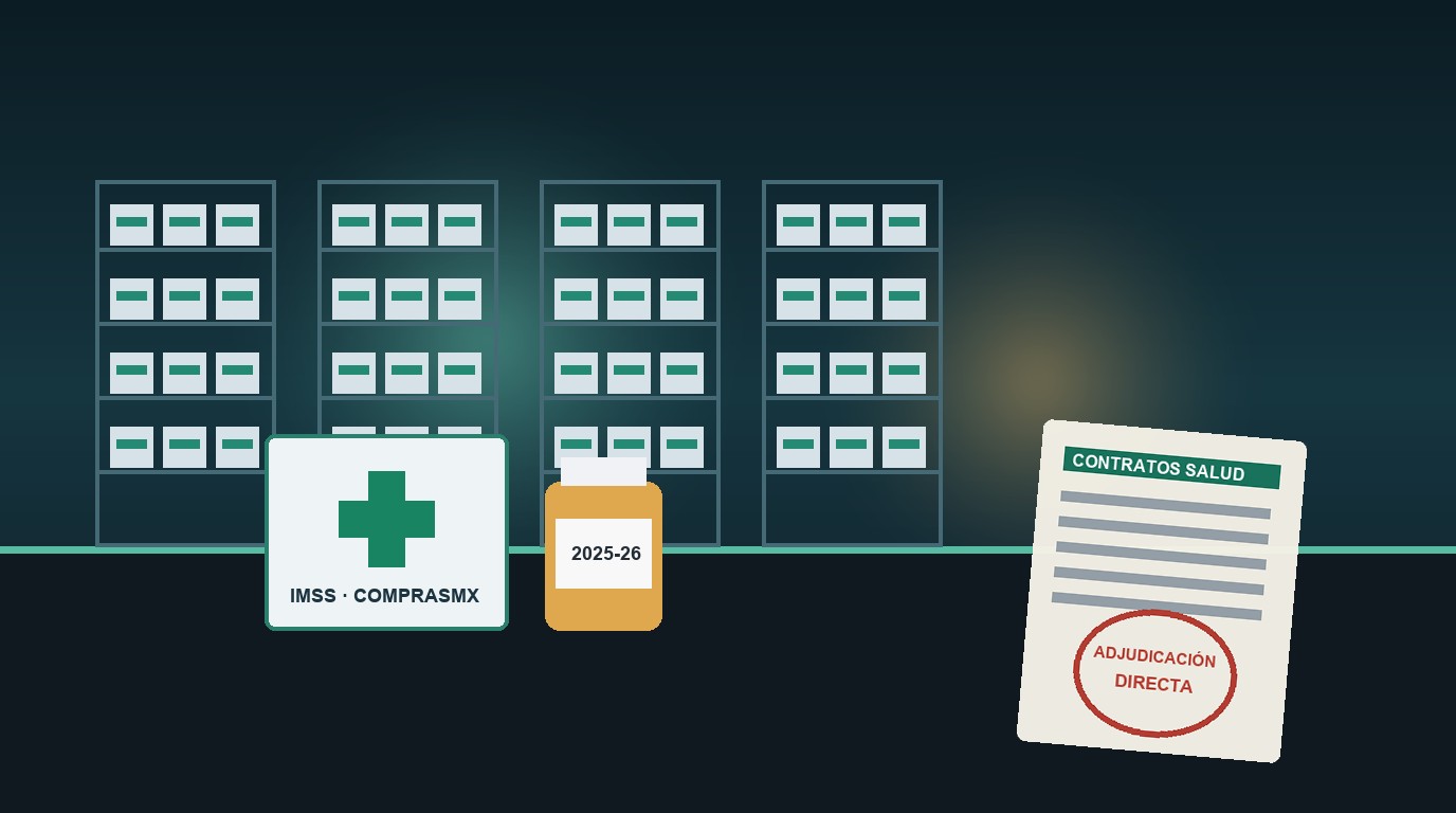 Ilustración de un almacén de medicamentos y expedientes de contratos de salud bajo revisión