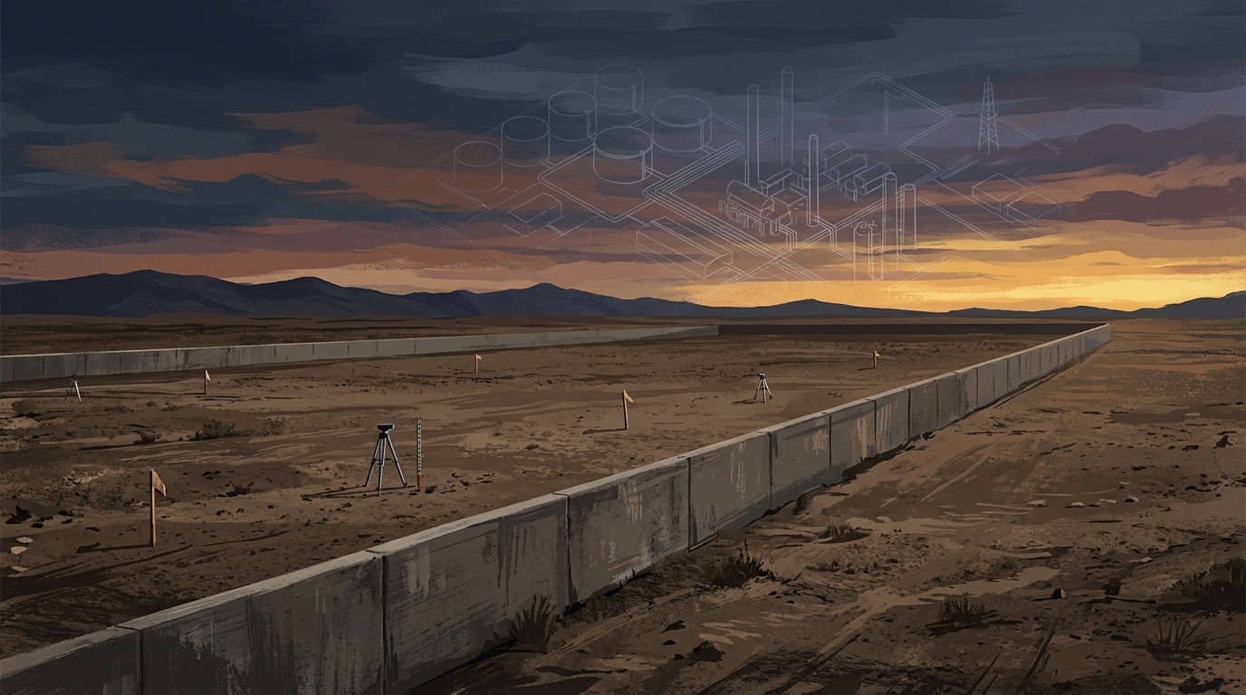 Ilustración de la barda perimetral solitaria en el terreno semiárido de Tula, Hidalgo, donde se proyectó la Refinería Bicentenario